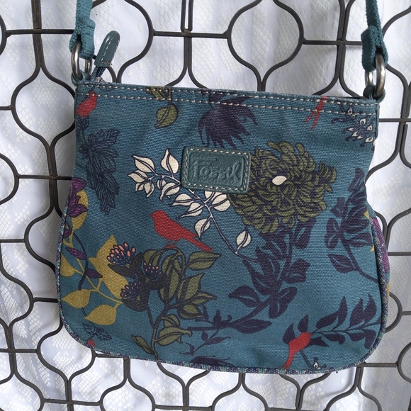 FOSSIL TEAL FLORAL CANVAS BAG - Picture 2 of 4